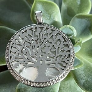 Tree of Life Mother of Pearl Pendant Silver Tone Round Pendant